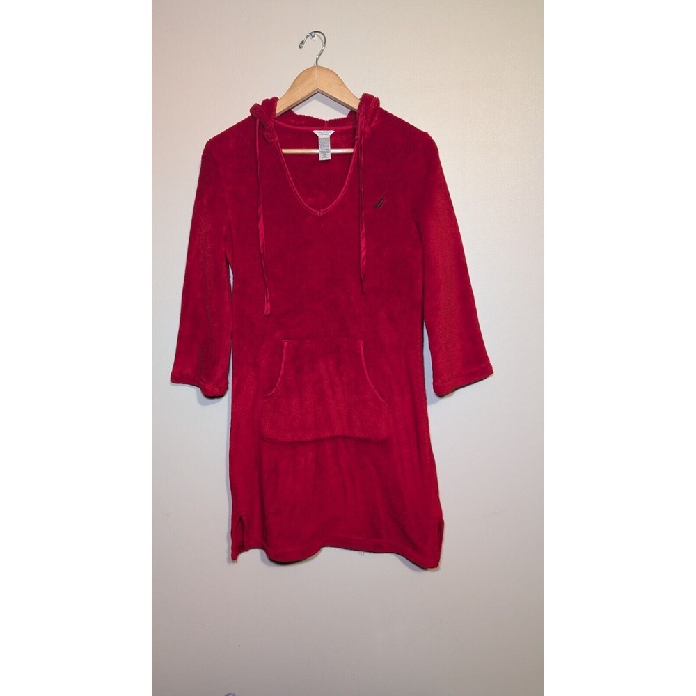 Nautica Burgundy Hooded Fleece Pullover Sleepwear Pockets Warm Robe Medium